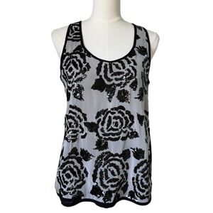 KAREN KANE | Black & White Sequined Floral Sleeveless Tank Top Sz S